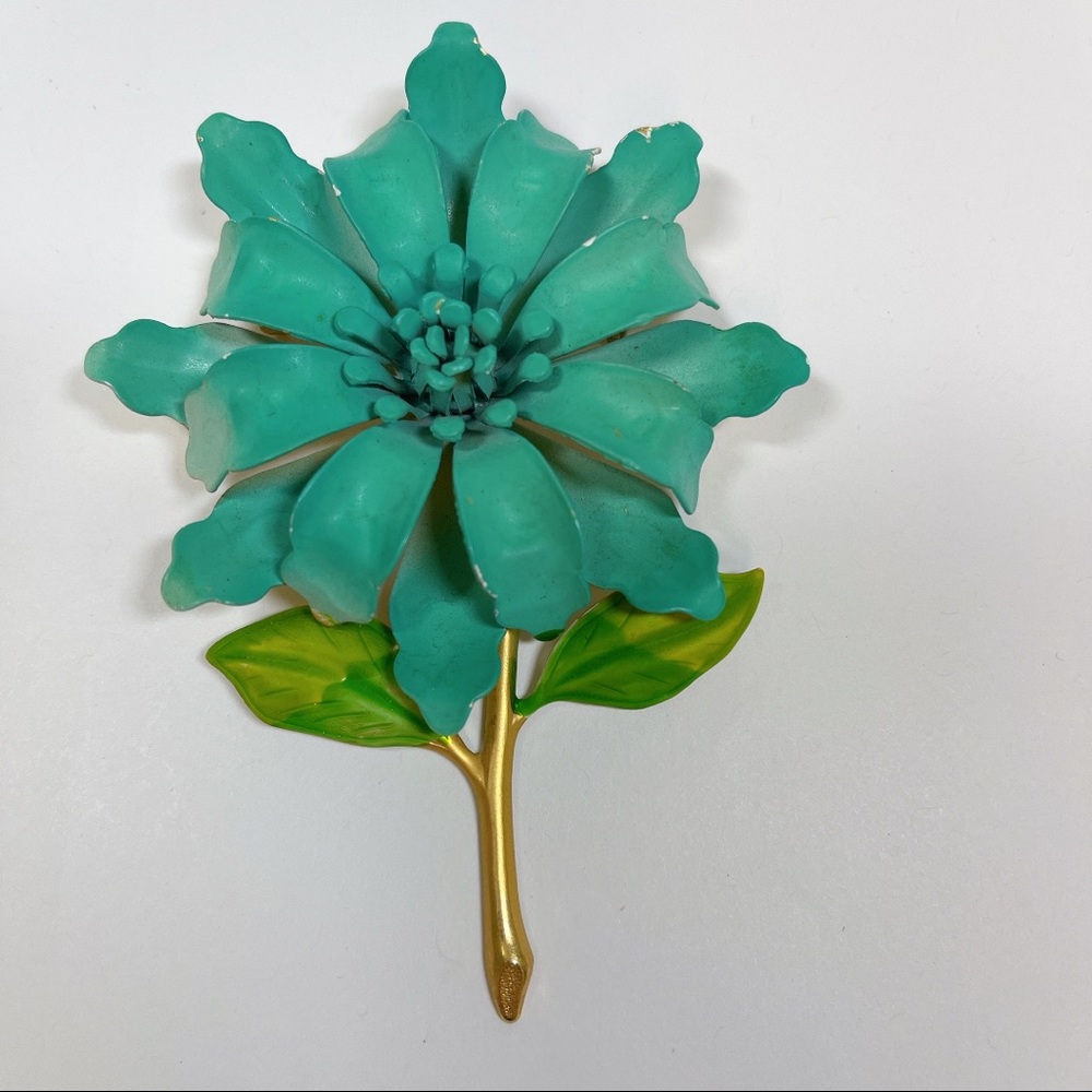 Vintage Teal Blue Goldtone Flower Brooch Pin